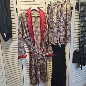 Men's Satin Robe and Shorts Set - Red and Gold